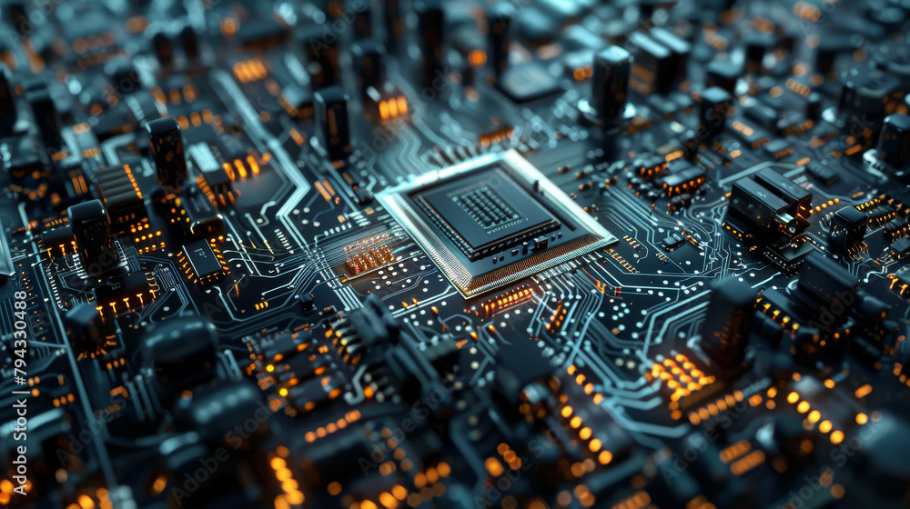 Poster a close up of a computer chip with a city in the background