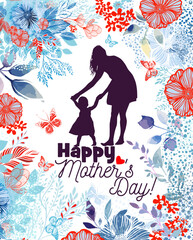 Mom and baby silhouette with flowers. Happy Mothers Day Greeting Card. Not AI. Vector illustration
