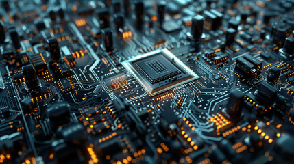 A close up of a computer chip with a city in the background