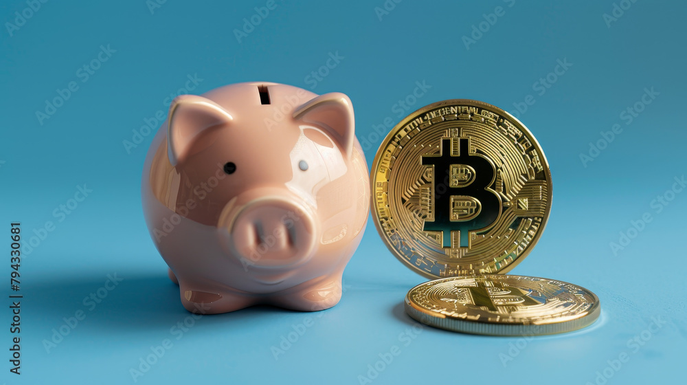 Poster a piggy bank with a coin and a bitcoin coin on top of it