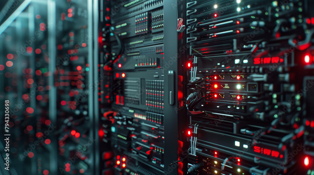 Poster a computer server room with many red lights