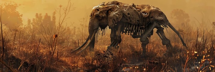 From a panoramic angle, a zombified elephant trudged along, its skin hanging loosely over brittle bones - obrazy, fototapety, plakaty
