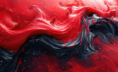 Red and black colored abstract background with wavy shapes and fluid textures. Created with Ai.