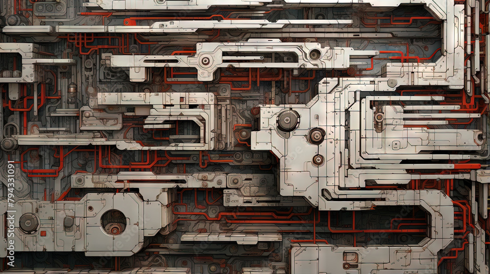 Poster Background with metallic panels texture, wires and circuit. Spaceship hull wall technology background.