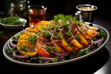Vibrant salad oranges, olives and red onions., generative IA