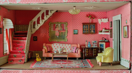 A dollhouse with a pink room and a pink staircase