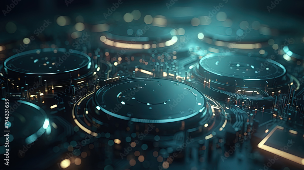 Poster Technology abstract background with hud styled round interface elements in neon tech light.