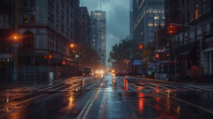 A rainy city street with cars and pedestrians - obrazy, fototapety, plakaty