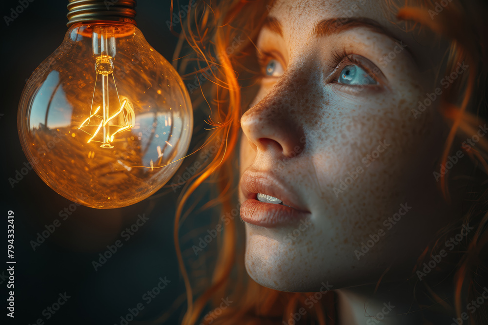 Poster someone lost in thought, with a gleaming lightbulb hovering above them, signaling a spark of ingenui