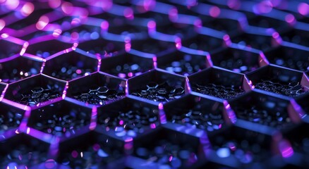 Obraz premium A closeup of the honeycomb pattern on carbon paper, with purple and blue neon lights creating an abstract background Generative AI