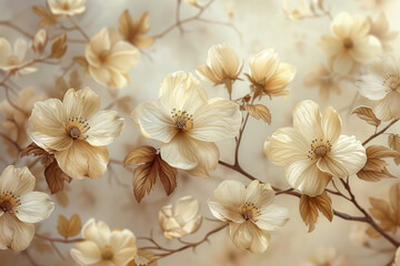 A beautiful wall mural of delicate cream colored flowers on a white background. Created with Ai