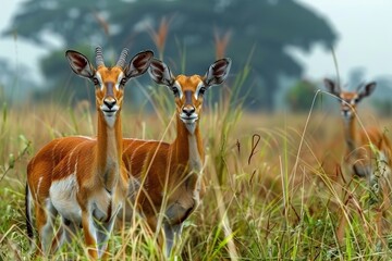 Fototapeta premium Territorial Ugandan Kob Stands Guard over Female in Dry Murchison Falls Savanna