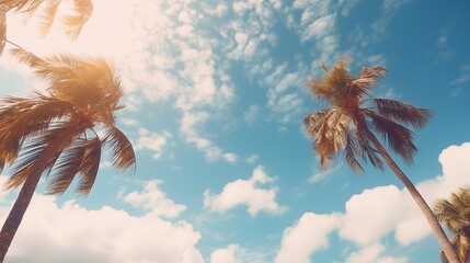 Blue sky and palm trees view from below, vintage style, tropical beach and summer background. - obrazy, fototapety, plakaty
