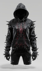 Girly death metal Japanese hoodie uniform 3d designed, front view ad mockup, isolated on a white and gray background.