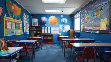 A classroom with a blue wall and a map of the world on the wall