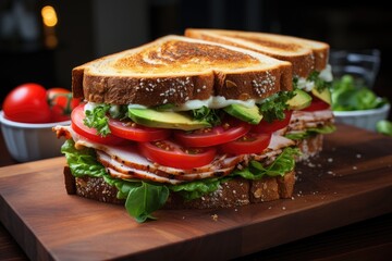 Turkey sandwich and avocado in whole bread., generative IA