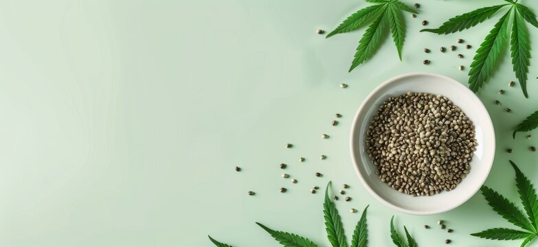 Cannabis seeds in a white bowl on a light green background with copy space, in a flat lay. Cannabis leaves and hemp seeds scattered around. A ruler banner template for product presentation or advertis