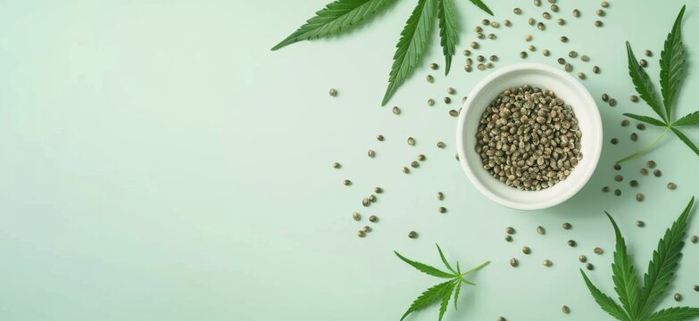 Cannabis seeds in a white bowl on a light green background with copy space, in a flat lay. Cannabis leaves and hemp seeds scattered around. A ruler banner template for product presentation or advertis