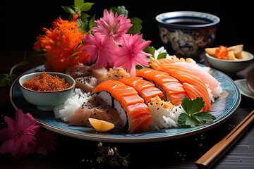 Sushi decorated with Wasabi flowers., generative IA