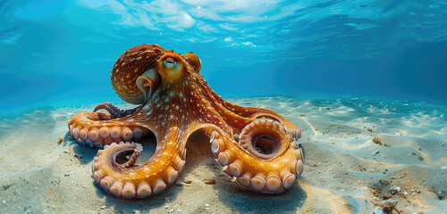 A stunning photograph of an octopus gracefully swimming in the deep blue ocean. Created with Ai