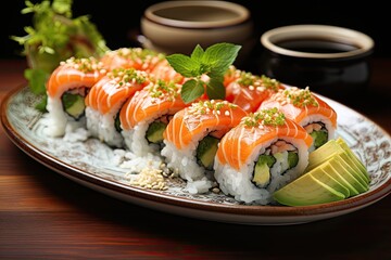 Salmon sushi, avocado and cream cheese., generative IA
