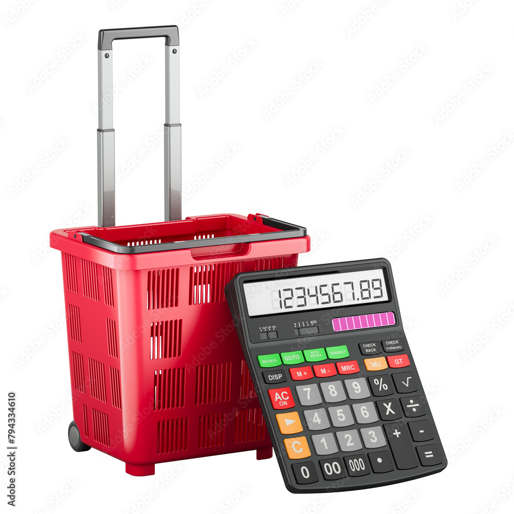 Poster calculator with rolling shopping basket, 3d rendering isolated on transparent background