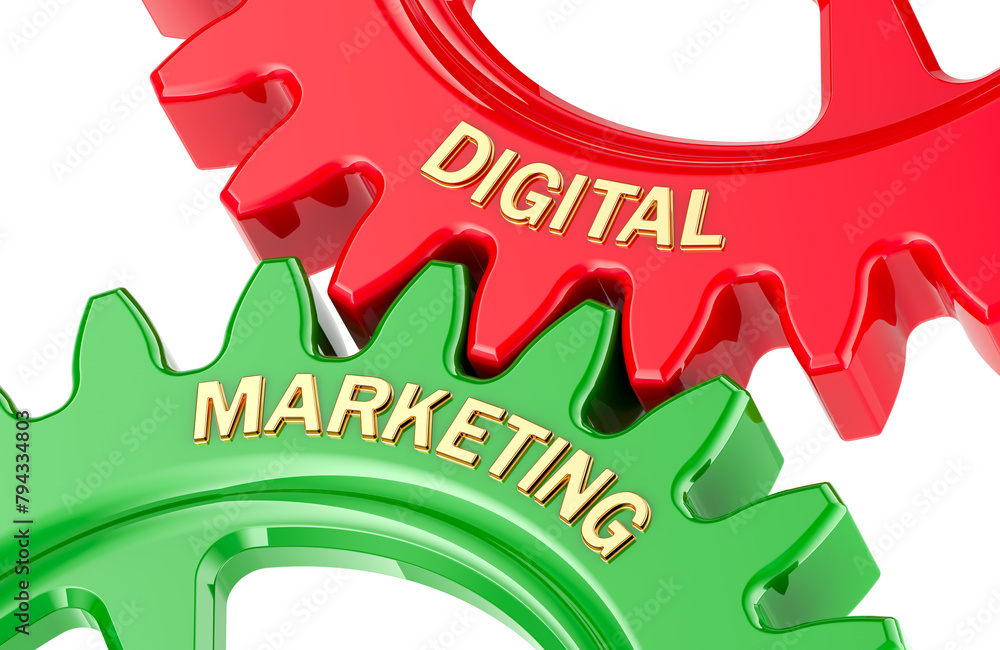 Aufkleber digital marketing concept with colored gearwheels. 3d rendering isolated on transparent background