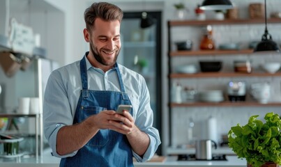 A handsome smiling man holding a cell phone in his hand standing in his kitchen - Powered by Adobe