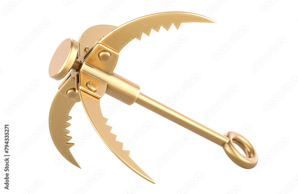 Poster golden grappling hook, 3d rendering isolated on transparent background