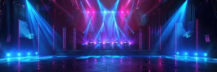 Concert Online: Stage for Digital Live Music Event Broadcast in Real-time with Lights and Technology - obrazy, fototapety, plakaty
