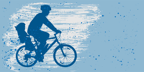 Man with child on bicycle on blue background with splashes, silhouette. Father's Day. Vector illustration - obrazy, fototapety, plakaty