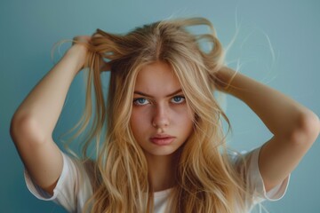 Sad young girl with split ends showing damage to blond hair. Beauty care and hairdresser concept - obrazy, fototapety, plakaty