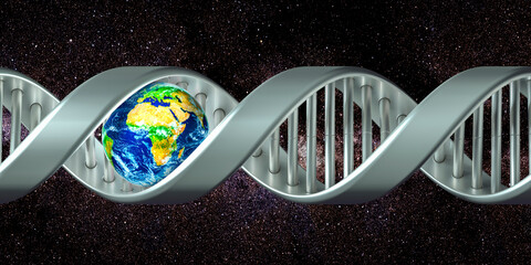 Earth inside DNA spiral in the space. DNA molecule research, concept. 3D rendering