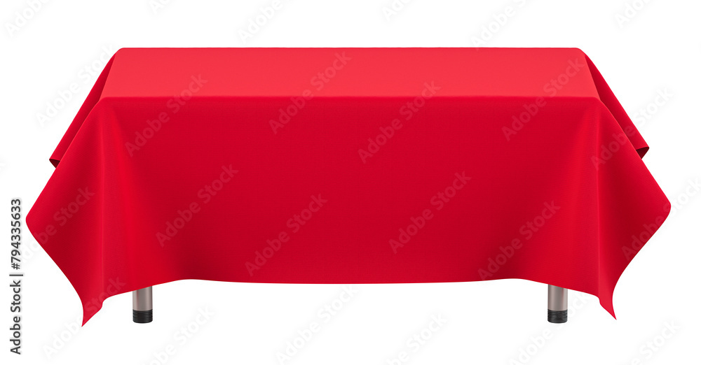 Poster long table with red table cloth. 3d rendering isolated on transparent background