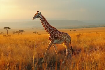 Giraffe Stretches Long Neck to Browse Acacia Trees in Maasai Mara