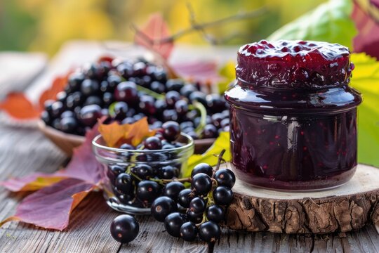 Harvesting Autumn Berries: A Bowl of Black and Purple Chokeberries, with a Jar of Homemade