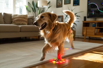 Using biofeedback sensors, a happy dog navigates a virtual obstacle course projected onto the living room wall, earning tasty treats for its impressive agility