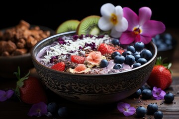 Acai bowl decorated with edible flowers., generative IA