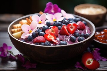 Acai bowl decorated with edible flowers., generative IA