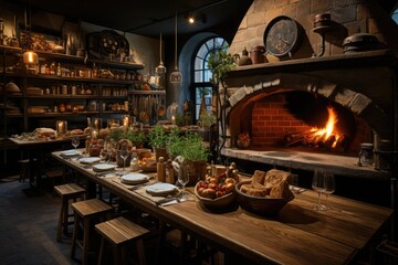 Rustic Italian pizzeria with wood oven and client smiling., generative IA