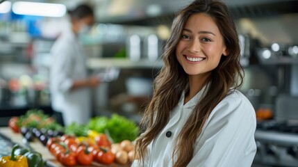 Engaging Asian female scientist presents food science demo in modern kitchen lab to students, educational and captivating