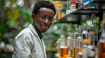 At the food science fair, an African descent male scientist showcases gluten-free options at an interactive educational booth - obrazy, fototapety, plakaty