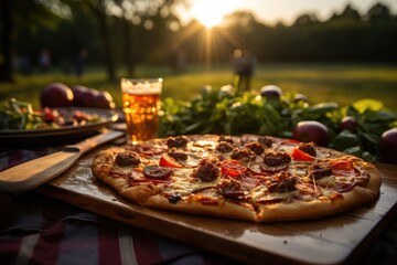 Delicious pizza in sunny picnic., generative IA