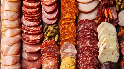 a showcasing an assortment of processed meats, neatly arranged and presented, highlighting the variety and quality of processed meat products
