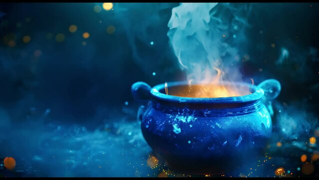 A blue cauldron with a magical fire burning inside it. The cauldron is sitting on a dark blue surface with a blue mist surrounding it. There are sparkles of light floating in the air around the cauldr