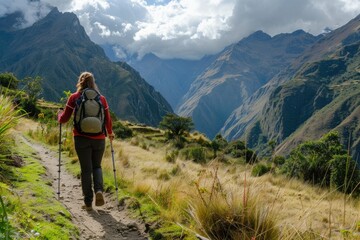 Fototapeta na wymiar Female Hiker Walking the Scenic Trail - A Tourist Enjoying Nature,