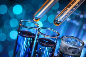 Laboratory equipment in action, close-up of bubbling test tubes, precise measurements, clean, organized lab, focus on chemical reactions