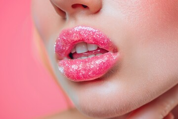 Naklejka premium Sugar Lips - Stunning Closeup of Model's Pink Lips with Fun Tongue and Delicious Teeth for a Sweet