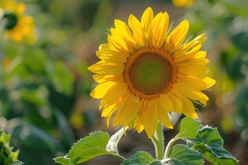 Fototapeta premium Yellow Sunflower Plant in the Countryside. Close-up of Green Leaves and Bold Flower Petals