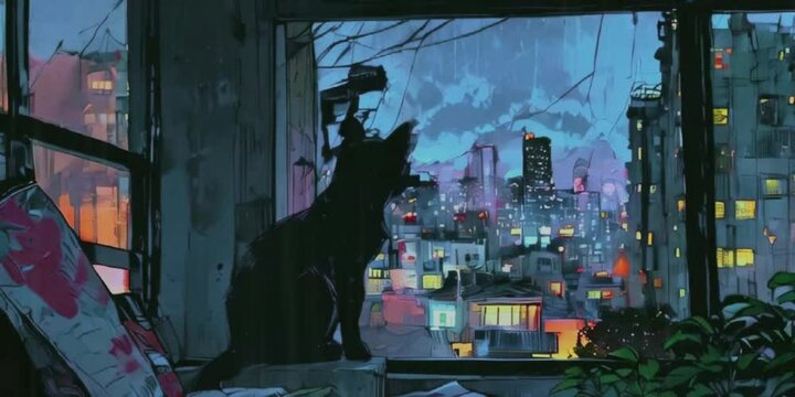Cute anime cat lounging on a cozy window with city view, anime style 4K Looping Music Video Background
